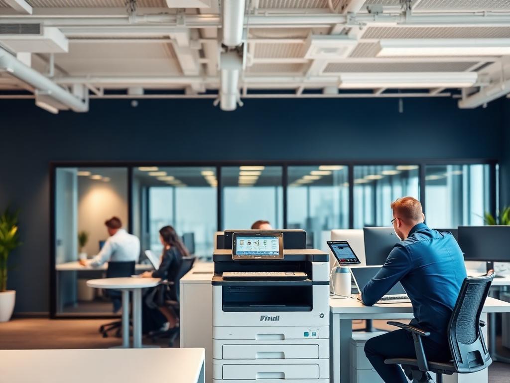HP multifunction printer set up in a modern office