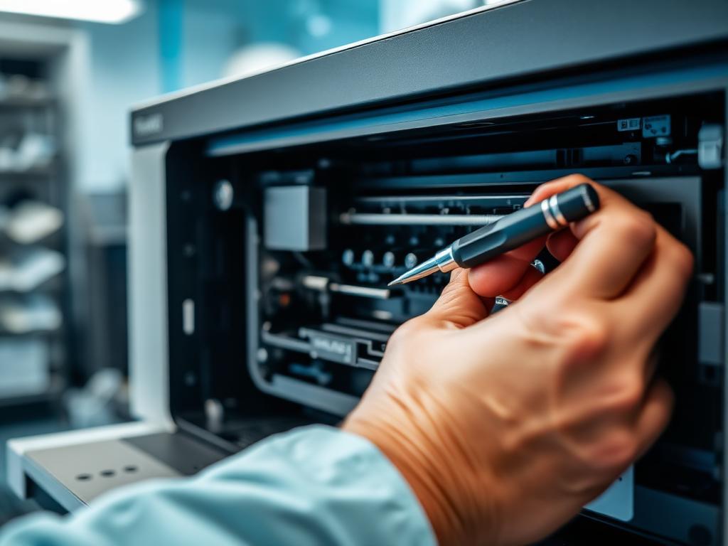 Technician repairing a Canon printer's internal components