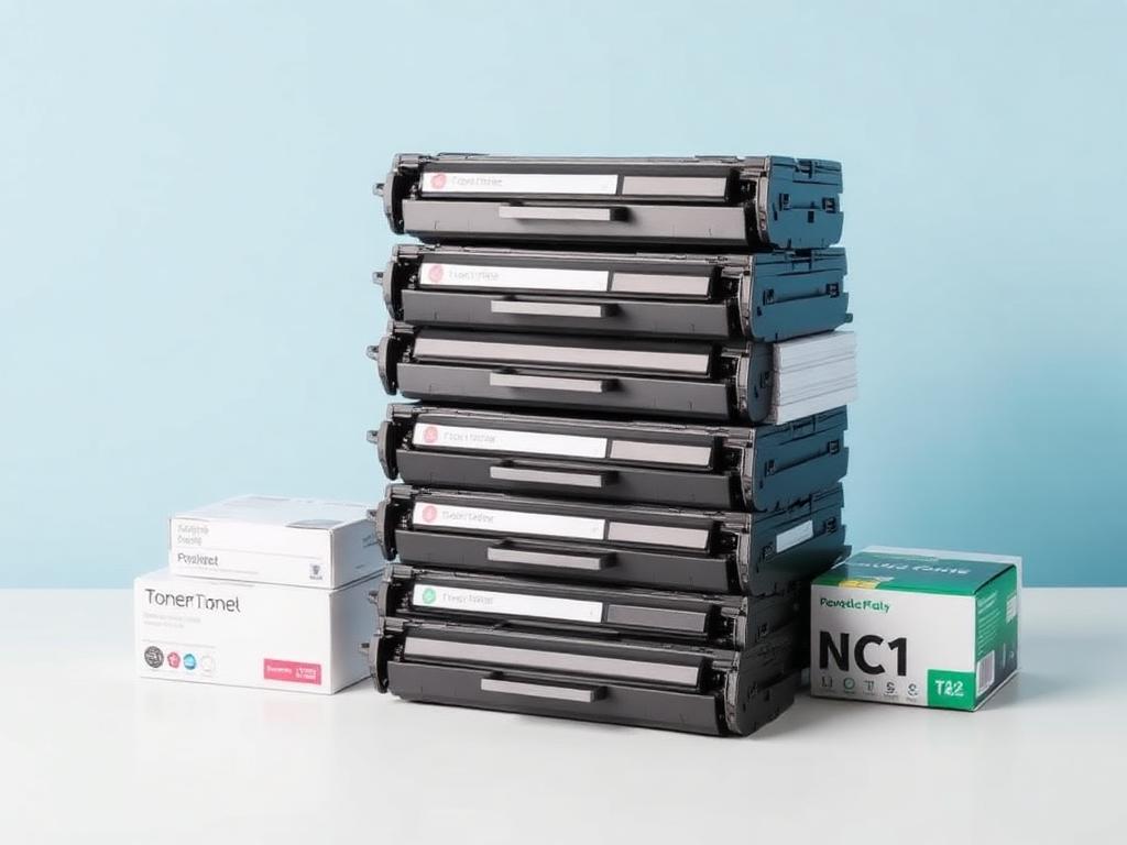 Toner cartridges and printer supplies neatly arranged