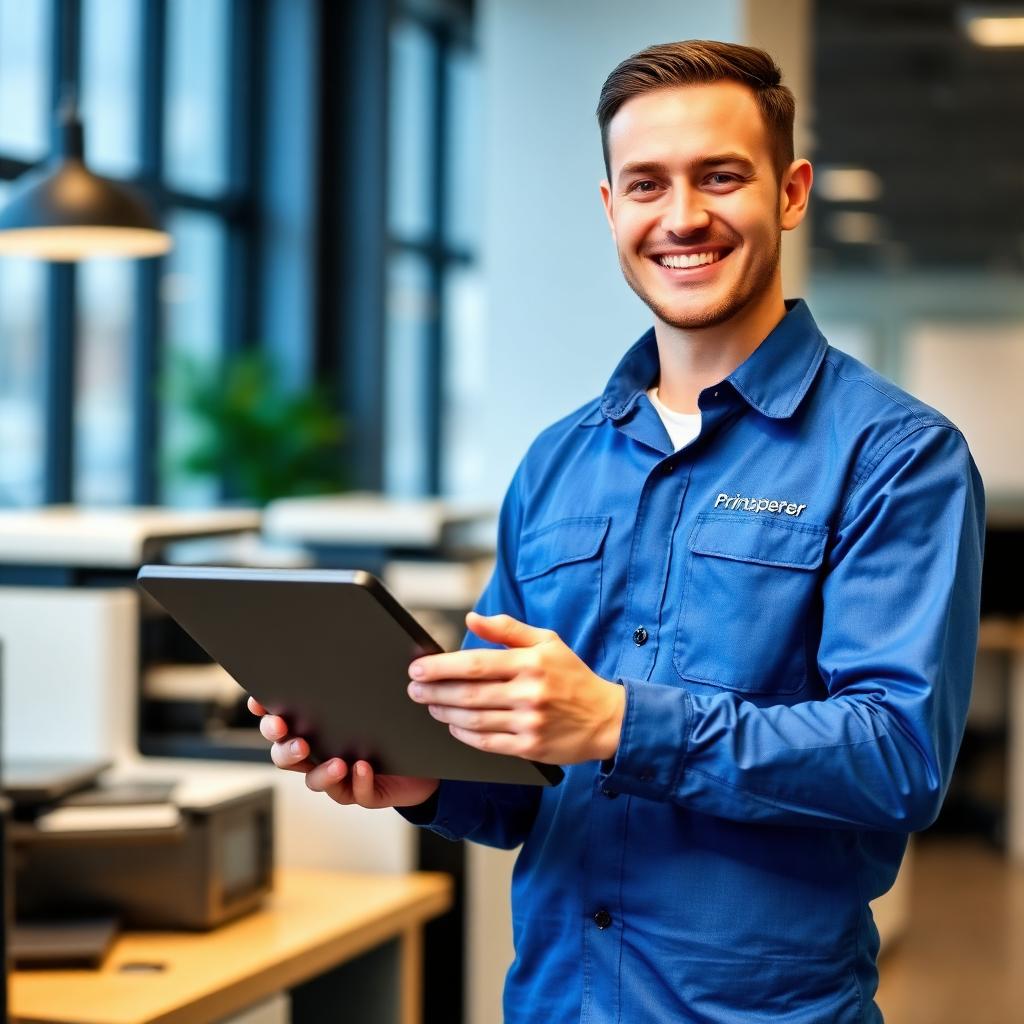 Friendly technician supporting a small-business print fleet